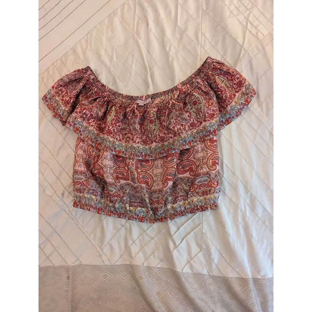 CALYPSO st. Barth silk paisley off shoulder ruffled crop top sz l euc